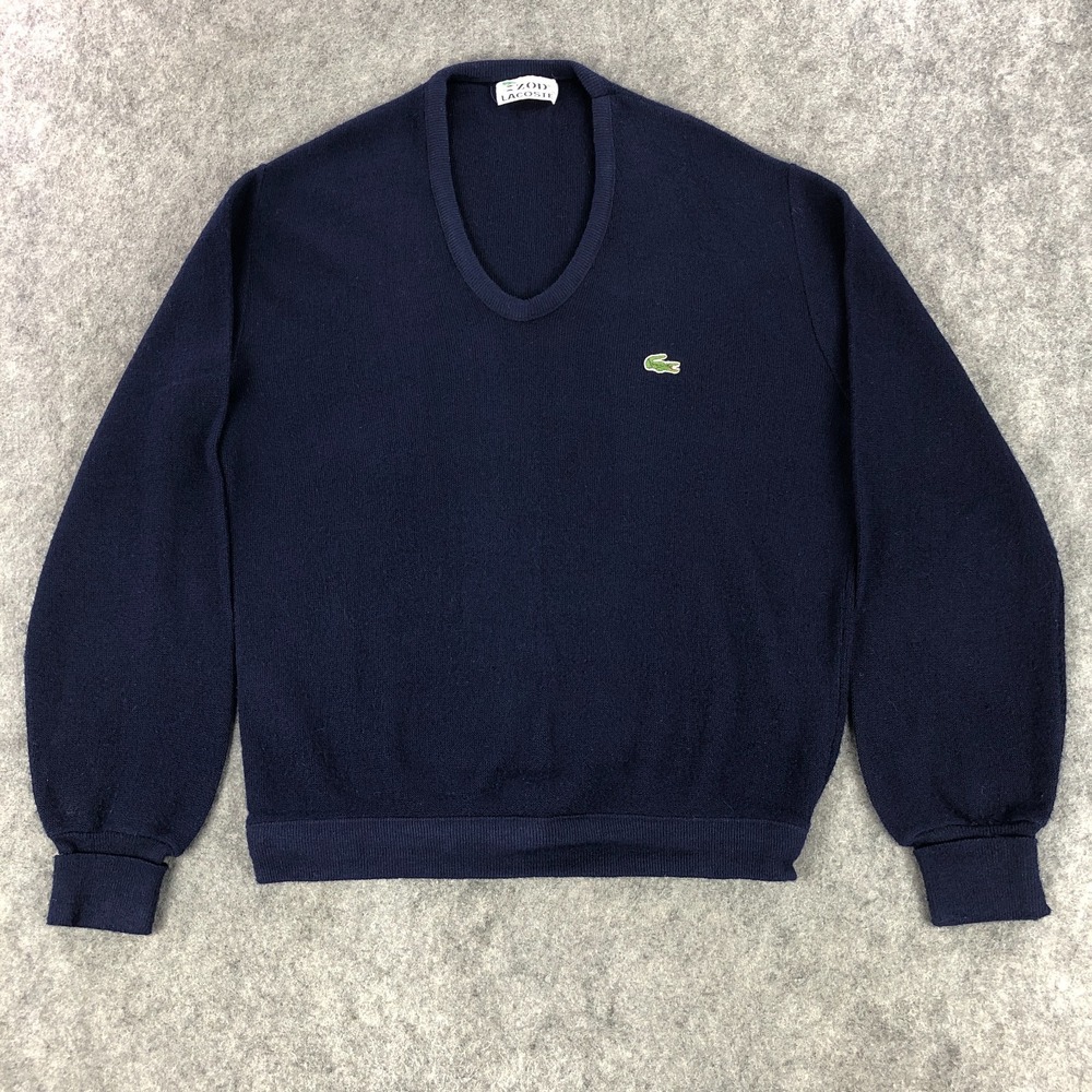 VTG Lacoste Izod Mens Sweater Large Navy Blue Long Sleeve Crocodile Logo Acrylic